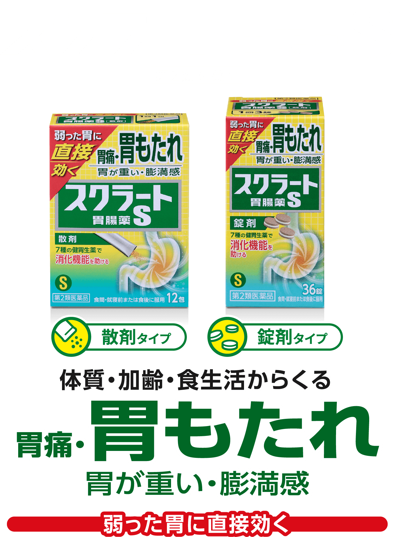 体質・加齢・食生活からくる胃痛、胃もたれ、胃が重い、膨満感など弱った胃に直接効く【スクラート胃腸薬S（散剤、錠剤）】