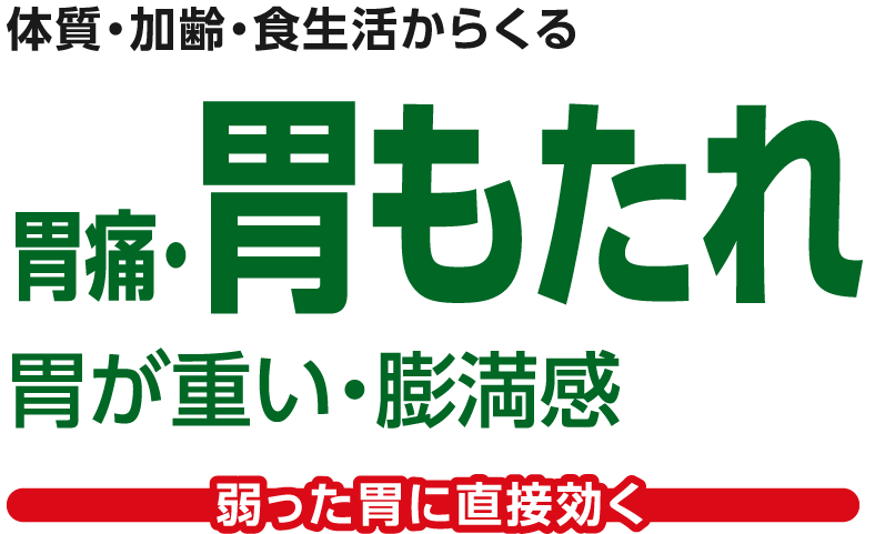 体質・加齢・食生活からくる胃痛、胃もたれ、胃が重い、膨満感など弱った胃に直接効く